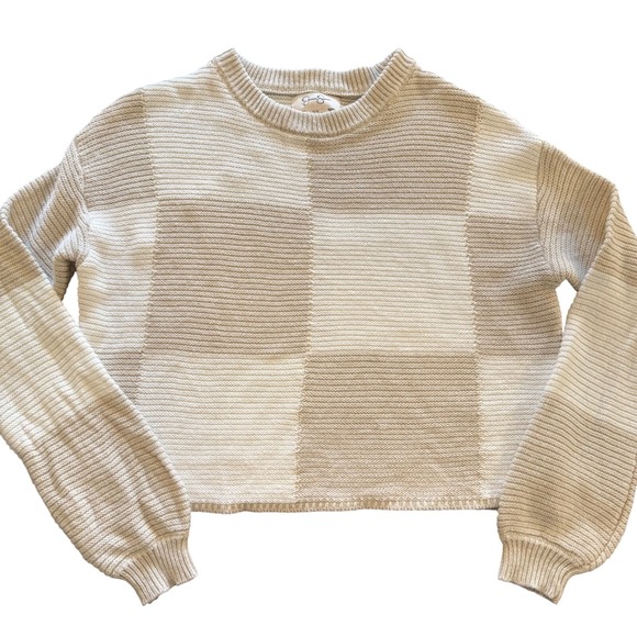 Jessica Simpson XS Cream Beige Knit Cropped Sweater Colorblock Pullover Top - Picture 1 of 5